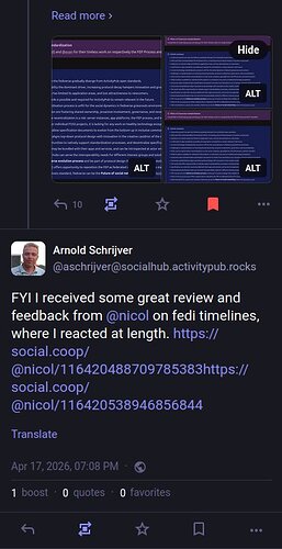 Mastodon  post showing 2 URL's on a single line without space between them, instead of neatly separated as they display on Discourse forum.