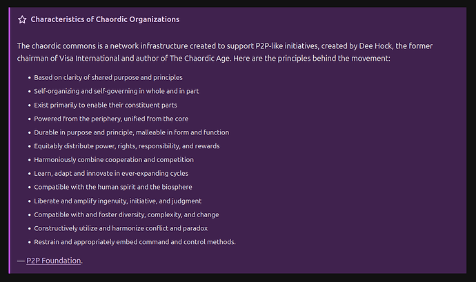 Snapshot from the Reimagine Social blog post linked above that lists characteristics of Chaordic Organization
