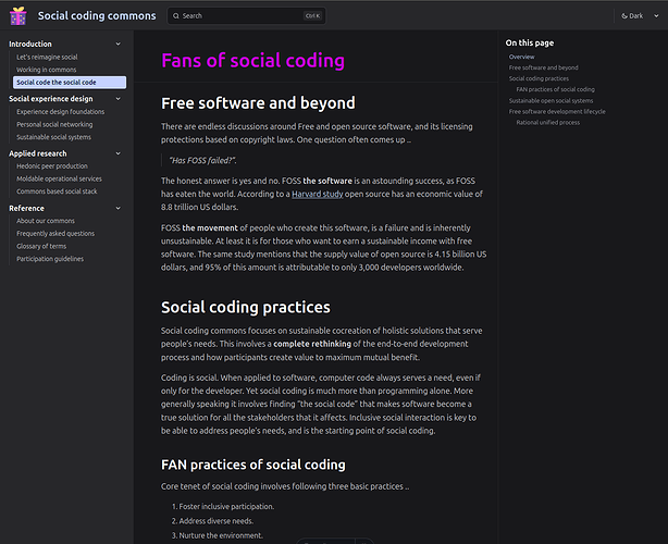 Page explaining the practices of social coding